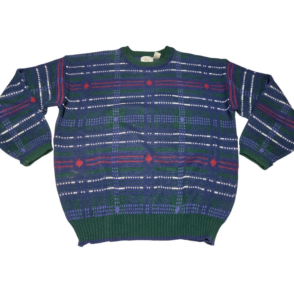 Vintage Knit‎ Sweater Geometric Pattern XL Tall 90s Sears Men's Store Green Blue